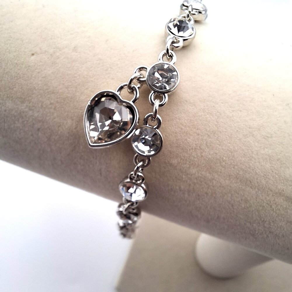 Silver Tone Heart Charm Bracelet Clear Swarovski Crystals NWT